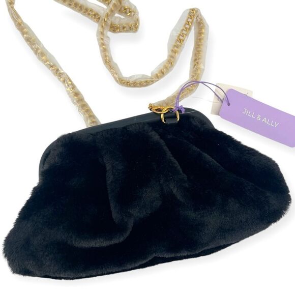 Jill & Ally Women’s Black Faux Fur Convertible Clutch Crossbody Bag One Size - Picture 3 of 16